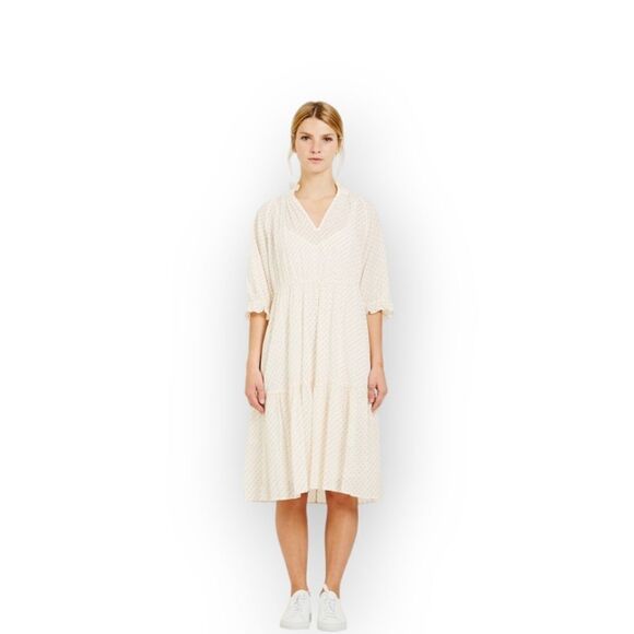 Closed Bull Bell Polka Dot Dress Strawberry Pink 3/4 Sleeveless Cinched Waist - Picture 1 of 17